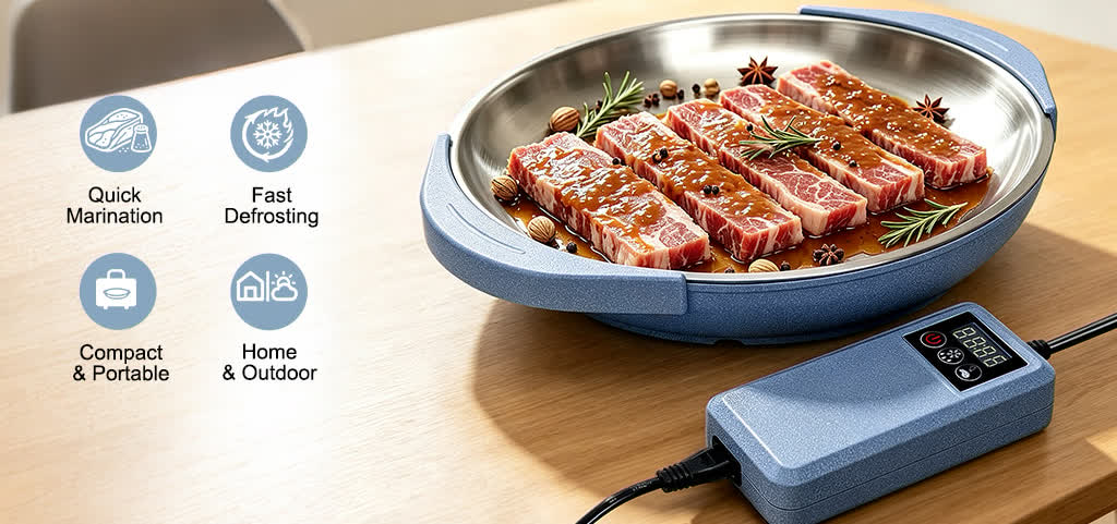 The Breggme ultrasonic marinator on a kitchen counter: a stainless tub with marinated short ribs, next to its compact control unit
