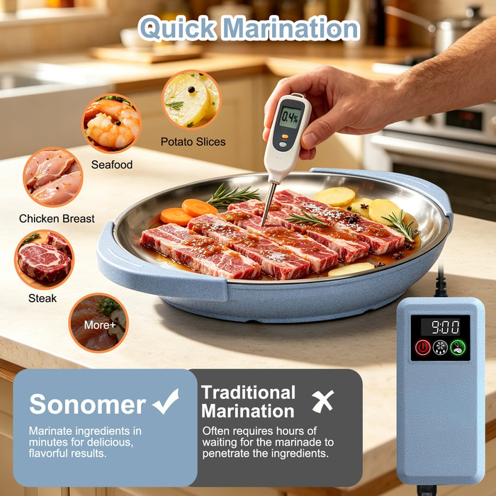 Short ribs marinating in the tub while a probe thermometer checks them — seafood, chicken, steak and potato slices all work too
